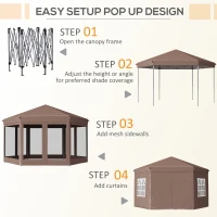 Outsunny 4x4m Hexagonal Pop up Gazebo - Garden Marquee Party Tent Wedding Canopy, Height Adjustable, with Storage Bag, Brown(m-4)