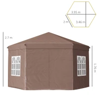 Outsunny 4x4m Hexagonal Pop up Gazebo - Garden Marquee Party Tent Wedding Canopy, Height Adjustable, with Storage Bag, Brown(m-3)