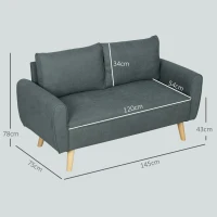 HOMCOM Canapea de 2 Locuri cu Picioare din Lemn Masiv, Canapea Mică din Catifea, 145x75x78 cm, Gri(m-3)