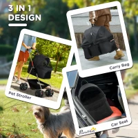 PawHut PawH 3-in-1 Pet Stroller, Folding 4 Wheel Dog Pram with Detachable Carrier for Mini Dogs, Cats, Black(m-4)