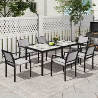 Outsunny 7-Delige Tuinset, 6 Stoelen, 1 Tafel, Stapelbaar, Onderhoudsvriendelijk, Stalen Frame, Tuinmeubelset, Grijs(m-2)