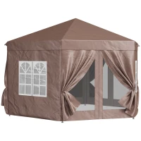 Outsunny 4x4m Hexagonal Pop up Gazebo - Garden Marquee Party Tent Wedding Canopy, Height Adjustable, with Storage Bag, Brown(m-13)