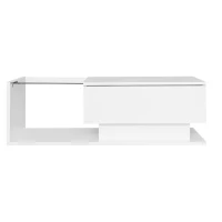 Modern LED Coffee Table with High Gloss Finish, Glass Top and Drawer, 100L x 50W x 32H cm, White(m-2)