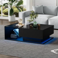 LED Coffee Table with Smart App-Controlled RGB Lighting, High Gloss Finish, Glass Top and Drawer, 100L x 50W x 32H cm, Black(m-7)