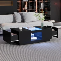 Modern 2-Tier Design LED Coffee Table with Storage, Smart App-Controlled LED Lights and 2 Drawers, 100L x 50W x 35.5H cm, Black(m-10)