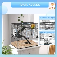 PawHut Gaiola para Hamster com Fundo de Vidro Plataformas Comedouro Bebedouro Casa Rampas e Roda de Exercício 60x40x54,5 cm Preto(m-7)