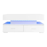 Hydraulic Lift Top Coffee Table with LED Lighting, 2 Drawers and Storage, 100L x 50W x 44H cm, White(m-13)