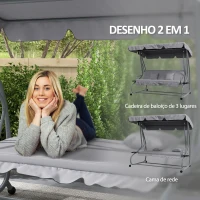 Outsunny Banco Baloiço de Jardim 3 Lugares Convertível em Cama com Toldo Ajustável e 2 Almofadas  200x120x164 cm Cinza(m-4)