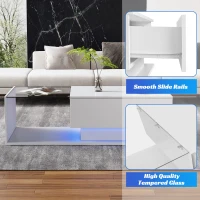 Modern LED Coffee Table with High Gloss Finish, Glass Top and Drawer, 100L x 50W x 32H cm, White(m-6)