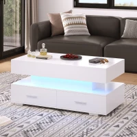 Hydraulic Lift Top Coffee Table with LED Lighting, 2 Drawers and Storage, 100L x 50W x 44H cm, White(m-9)