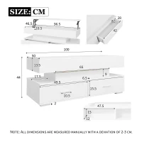 Hydraulic Lift Top Coffee Table with LED Lighting, 2 Drawers and Storage, 100L x 50W x 44H cm, White(m-3)