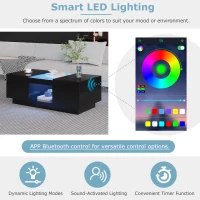 Modern 2-Tier Design LED Coffee Table with Storage, Smart App-Controlled LED Lights and 2 Drawers, 100L x 50W x 35.5H cm, Black(m-6)