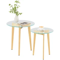 HOMCOM Conjunto de 2 Mesas de Apoio Modernas com Bancada de Vidro Temperado e Estrutura Metálica Ø50x45 cm e Ø40x40 cm Transparente(m-9)