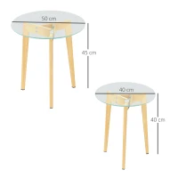 HOMCOM Conjunto de 2 Mesas de Apoio Modernas com Bancada de Vidro Temperado e Estrutura Metálica Ø50x45 cm e Ø40x40 cm Transparente(m-3)