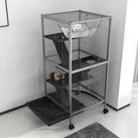 PawHut Gaiola para Roedores 52x52x113,5cm Gaiola para Furões com Rodas 2 Portas 3 Rampas Rede Suspensa e Bandeja Removível para Cobias Hamsters Cinza Prata(m-2)