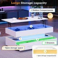 Hydraulic Lift Top Coffee Table with LED Lighting, 2 Drawers and Storage, 100L x 50W x 44H cm, White(m-7)