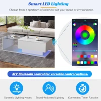 Modern LED Coffee Table with High Gloss Finish, Glass Top and Drawer, 100L x 50W x 32H cm, White(m-5)