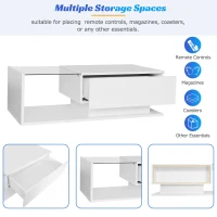 Modern LED Coffee Table with High Gloss Finish, Glass Top and Drawer, 100L x 50W x 32H cm, White(m-4)
