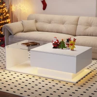 Modern LED Coffee Table with High Gloss Finish, Glass Top and Drawer, 100L x 50W x 32H cm, White(m-7)