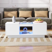 Modern LED Coffee Table with Storage, 2 Tiers and Drawers, Smart App Control, 100L x 50W x 35.5H cm, White(m-10)