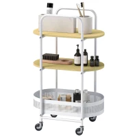 HOMCOM Carrinho Auxiliar com Rodas Carrinho de Cozinha de 3 Níveis com Cesta e Prateleiras 49,5x32,5x82,5 Branco e Madeira(m-8)