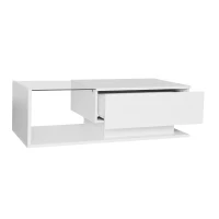 Modern LED Coffee Table with High Gloss Finish, Glass Top and Drawer, 100L x 50W x 32H cm, White(m-14)