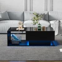 LED Coffee Table with Smart App-Controlled RGB Lighting, High Gloss Finish, Glass Top and Drawer, 100L x 50W x 32H cm, Black(m-1)