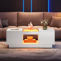 Modern LED Coffee Table with Storage, 2 Tiers and Drawers, Smart App Control, 100L x 50W x 35.5H cm, White(m-1)