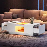 Modern LED Coffee Table with Storage, 2 Tiers and Drawers, Smart App Control, 100L x 50W x 35.5H cm, White(m-9)