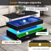Hydraulic Lift Top Coffee Table with LED Lighting, 2 Drawers and Storage Space, 100L x 50W x 44H cm, Black(m-6)