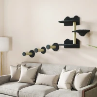 PawHut Conjunto de Prateleiras de Parede para Gatos de 4 Peças com 3 Postes de Sisal Rede e 1 Plataforma para Saltar de 3 Níveis Cinza(m-2)