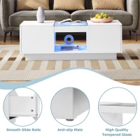 Modern LED Coffee Table with Storage, 2 Tiers and Drawers, Smart App Control, 100L x 50W x 35.5H cm, White(m-4)