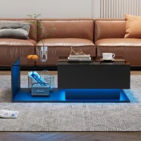 LED Coffee Table with Smart App-Controlled RGB Lighting, High Gloss Finish, Glass Top and Drawer, 100L x 50W x 32H cm, Black(m-8)