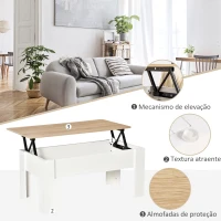 HOMCOM Mesa de Centro com Bancada Elevatória Compartimento Aberto e Oculto 100x50x45-58,5 cm Branco e Madeira(m-6)