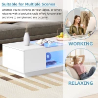 Modern LED Coffee Table with Storage, 2 Tiers and Drawers, Smart App Control, 100L x 50W x 35.5H cm, White(m-5)