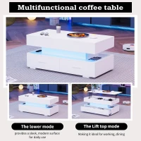 Hydraulic Lift Top Coffee Table with LED Lighting, 2 Drawers and Storage, 100L x 50W x 44H cm, White(m-5)