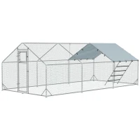 PawHut Galinheiro para Exterior 3x6 m Galinheiro de Aço Galvanizado com Comedouro Suspenso Tipo Espeto Poleiro Anti-UV Prata(m-10)