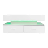 Hydraulic Lift Top Coffee Table with LED Lighting, 2 Drawers and Storage, 100L x 50W x 44H cm, White(m-14)