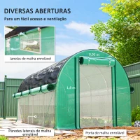 Outsunny Estufa Tipo Túnel 447x200x198 cm com Paredes Laterais Enroláveis Cobertura Extra 8 Janelas de Malha e 2 Portas Verde(m-5)