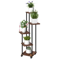 Outsunny Suporte para Plantas de Madeira e Aço com 5 Prateleiras e 4 Rodas Suporte para Plantas para Interior e Exterior 59x59x110 cm Madeira(m-11)