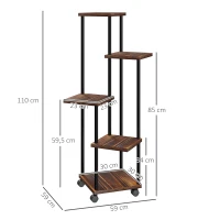Outsunny Suporte para Plantas de Madeira e Aço com 5 Prateleiras e 4 Rodas Suporte para Plantas para Interior e Exterior 59x59x110 cm Madeira(m-3)