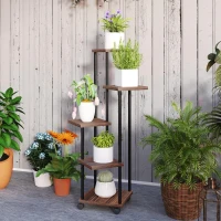 Outsunny Suporte para Plantas de Madeira e Aço com 5 Prateleiras e 4 Rodas Suporte para Plantas para Interior e Exterior 59x59x110 cm Madeira(m-8)