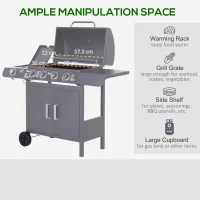 Outsunny 4+1 Burner Gas BBQ Grill, Outdoor Barbecue Trolley with Wheels, Warming Rack, Side Shelves, Cabinet, Thermometer for Garden, Party, Camping, 125 L x 51 W x 100 H cm, Grey(m-8)