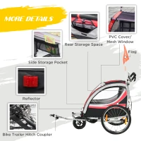 HOMCOM Child Bike Trailer 2 In 1 Baby Stroller 2-Seater Transport Carrier with Brake, 5 Point Harness, Storage Bag, Reflector, Flag, Red(m-7)