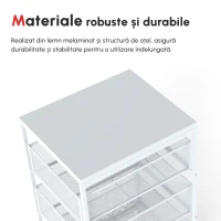 HOMCOM Cărucior de Depozitare pe Roți, Cărucior Utilitar Rulant cu 3 Tăvițe de Plasă pentru Camera de Zi, 34x29,5x57,5 cm, Alb(m-8)