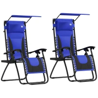Outsunny Zero Gravity Lounger Chair Set of 2, Folding Reclining Patio Chair with Shade Cover, Cup Holder, Soft Cushion and Headrest for Poolside, Camping, Blue(m-10)