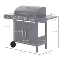 Outsunny 4+1 Burner Gas BBQ Grill, Outdoor Barbecue Trolley with Wheels, Warming Rack, Side Shelves, Cabinet, Thermometer for Garden, Party, Camping, 125 L x 51 W x 100 H cm, Grey(m-3)