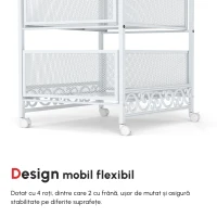 HOMCOM Cărucior de Depozitare pe Roți, Cărucior Utilitar Rulant cu 3 Tăvițe de Plasă pentru Camera de Zi, 34x29,5x57,5 cm, Alb(m-7)