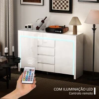 HOMCOM Aparador Sala de Estar com Luzes LED 4 Gavetas Prateleiras Ajustáveis e Controlo Remoto 120x34x80 cm Branco Brilhante(m-4)