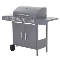 Outsunny 4+1 Burner Gas BBQ Grill, Outdoor Barbecue Trolley with Wheels, Warming Rack, Side Shelves, Cabinet, Thermometer for Garden, Party, Camping, 125 L x 51 W x 100 H cm, Grey(m-11)